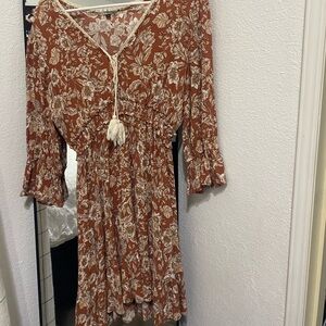 Floral Rust Dress with Tassel Detail